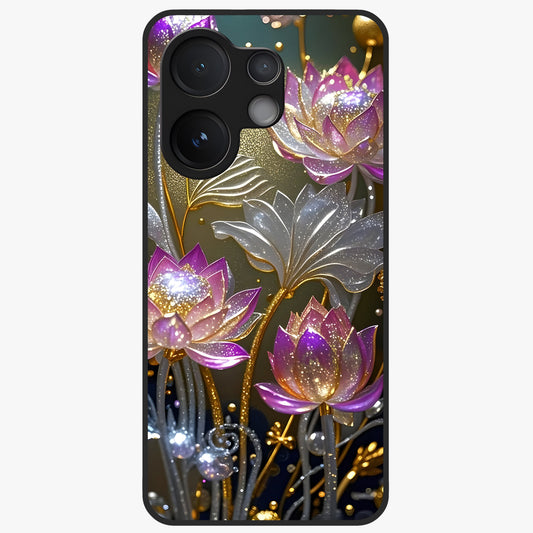 Golden Lotus Glow Glass Case showing flat back view with glowing lotus flower artwork and glossy glass finish.