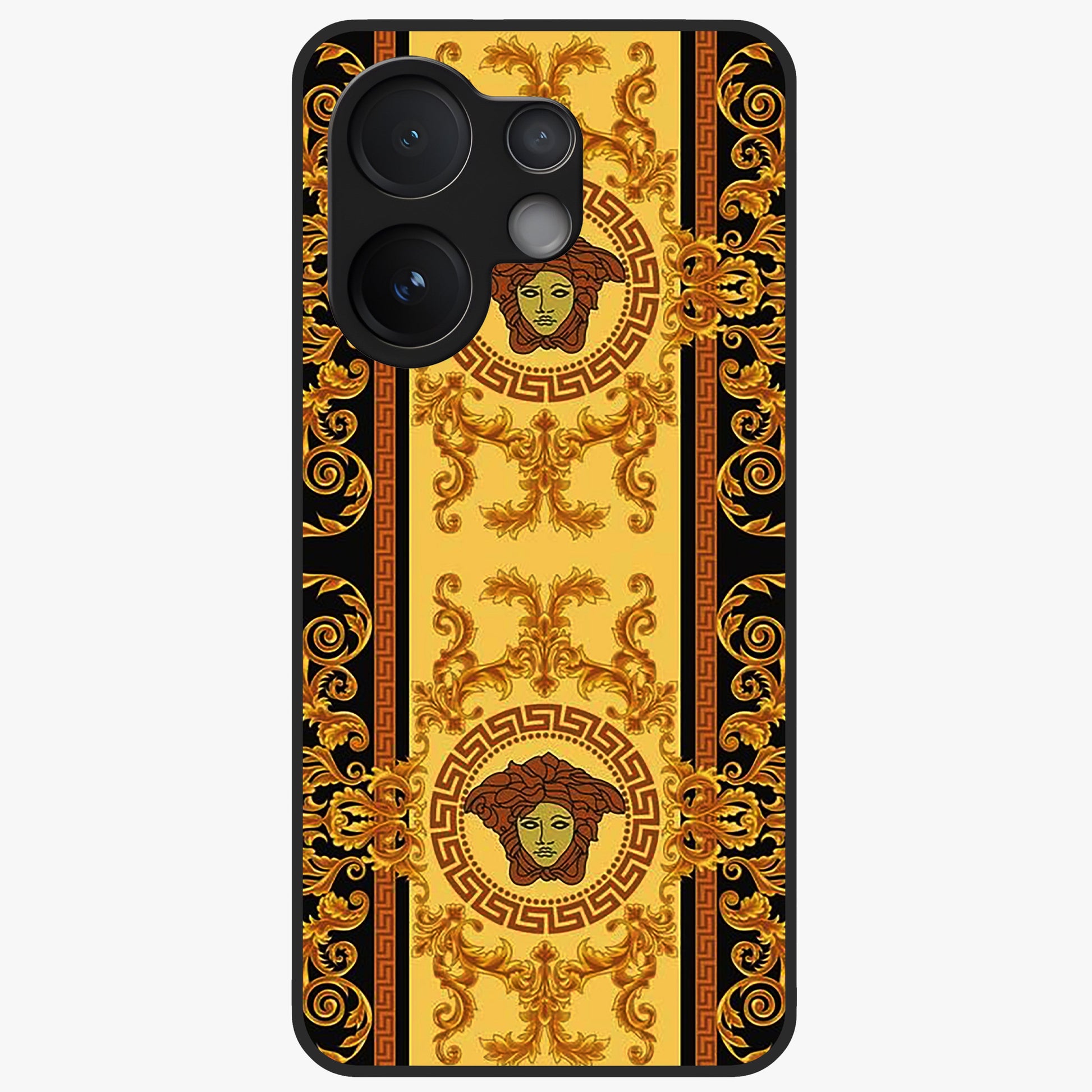 Golden Royal Heritage Glass Case showing flat back view with ornate royal pattern artwork and glossy glass finish.