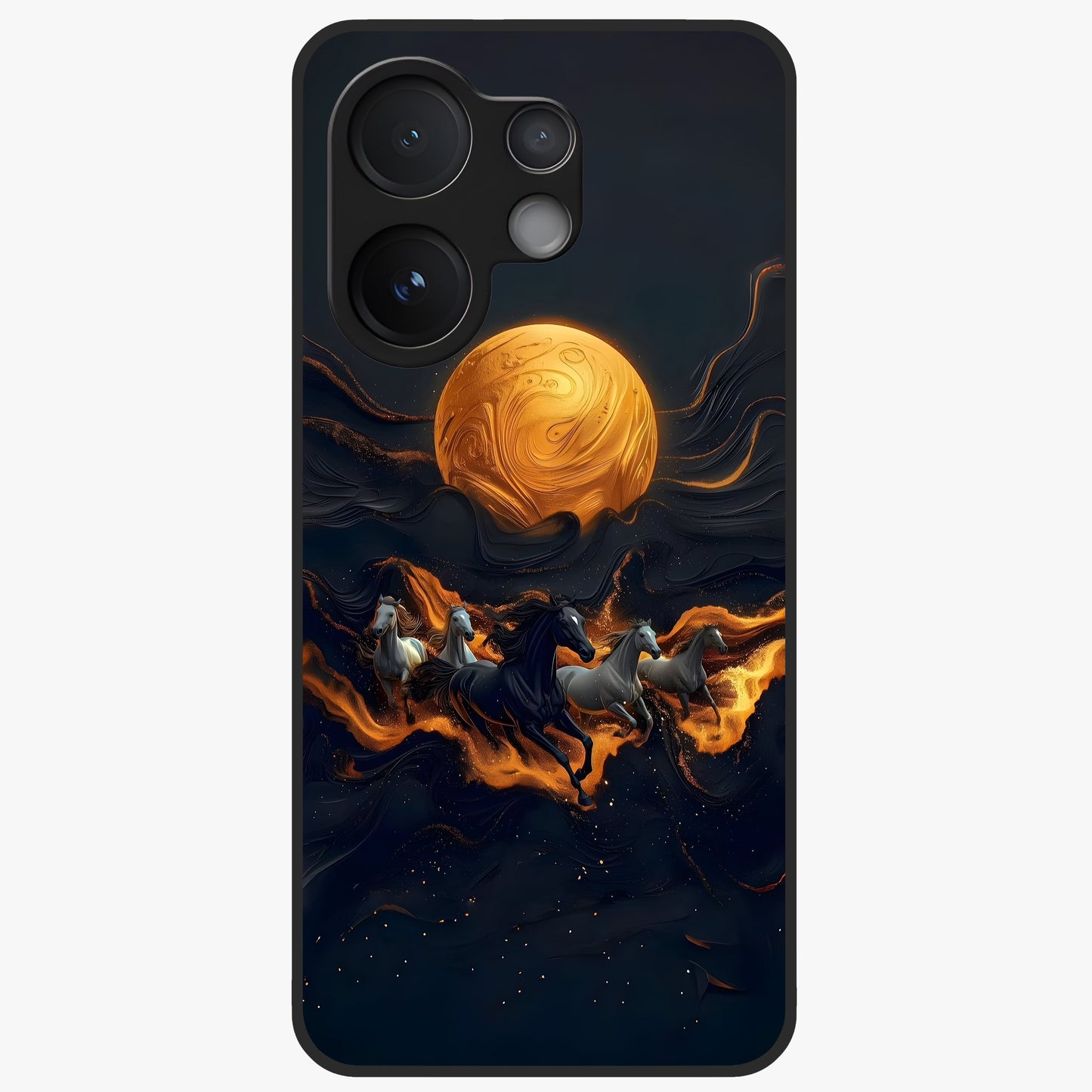 Golden Stallion Moonride Glass Case showing flat back view with majestic horse under moonlight artwork and glossy glass finish.