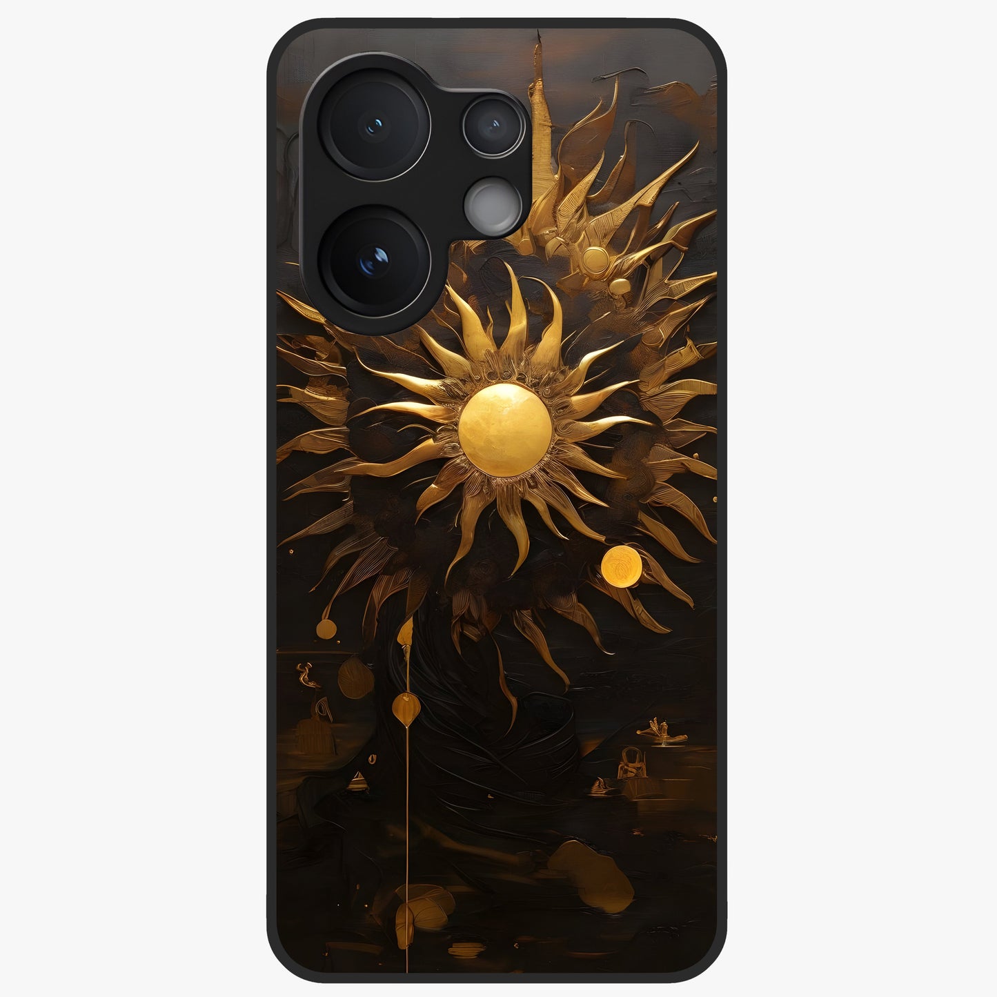 Golden Sun Majesty Glass Case showing flat back view with radiant golden sun artwork and glossy glass finish.