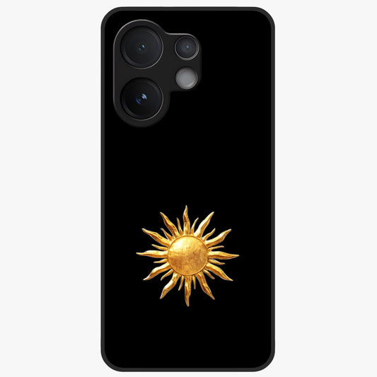 Golden Sun Minimalism Glass Case showing flat back view with minimal golden sun artwork and glossy glass finish.