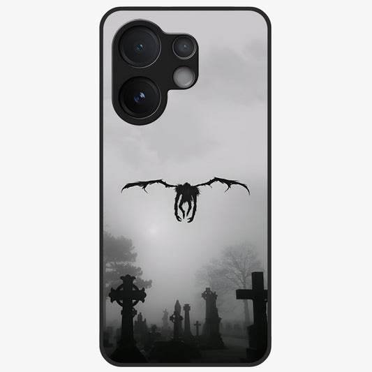 Graveyard Shadow Descent Glass Case showing flat back view with dark graveyard themed artwork and glossy glass finish.
