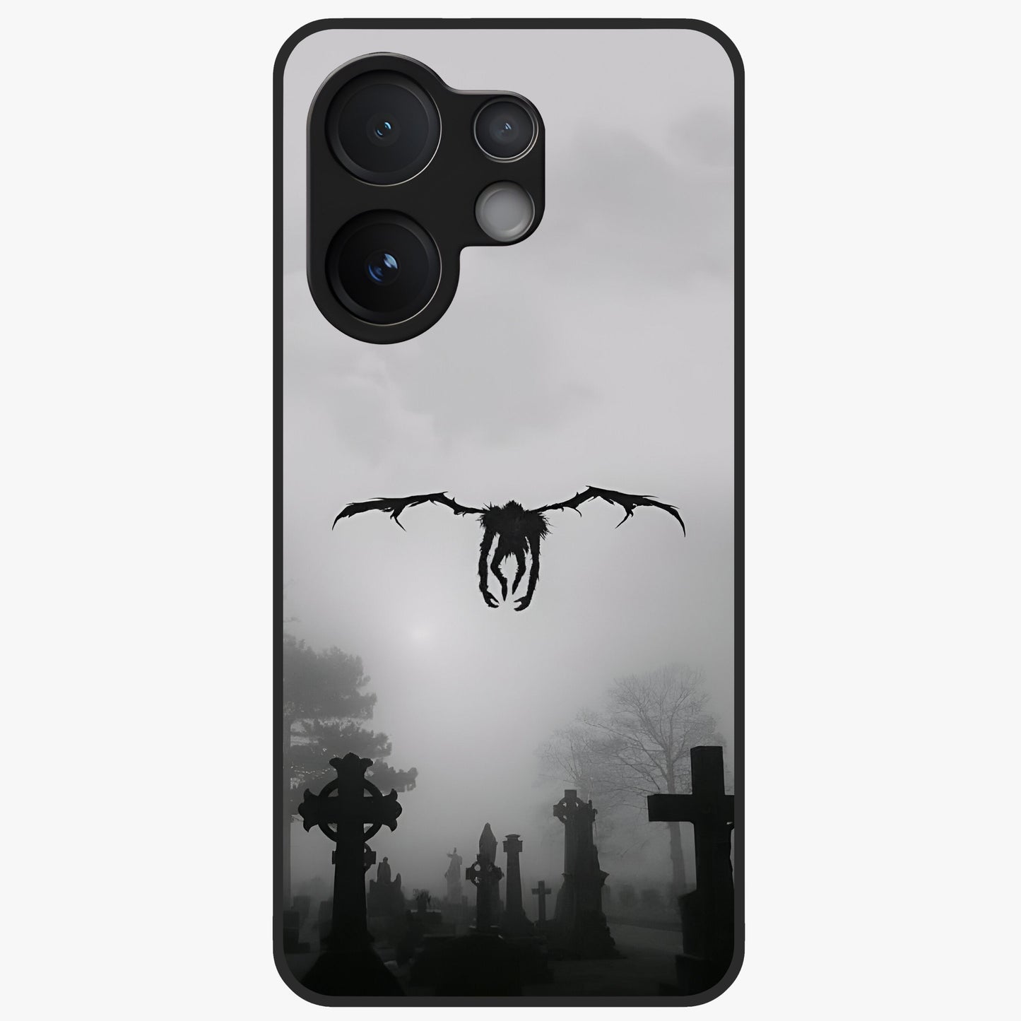 Graveyard Shadow Descent Glass Case showing flat back view with dark graveyard themed artwork and glossy glass finish.