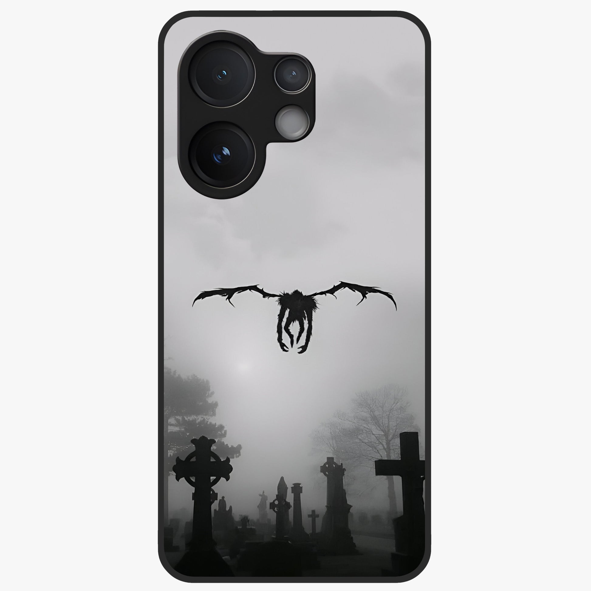 Graveyard Shadow Descent Glass Case showing flat back view with dark graveyard themed artwork and glossy glass finish.