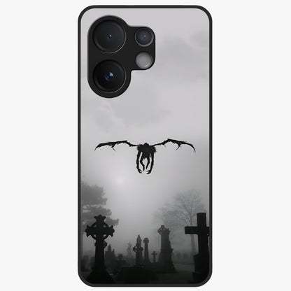 Graveyard Shadow Descent Glass Case showing flat back view with dark graveyard themed artwork and glossy glass finish.