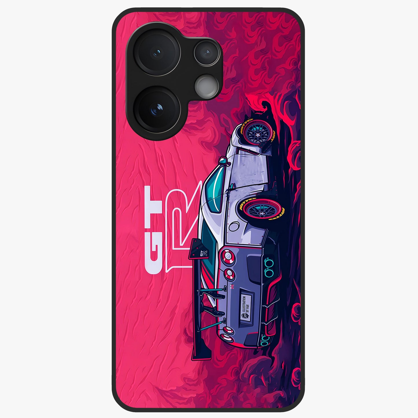 GT-R Car Pattern Glass Case showing flat back view with sporty car inspired pattern artwork and glossy glass finish.