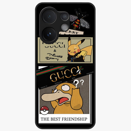 Gucci Play Mashup Glass Case showing flat back view with luxury inspired graphic artwork and glossy glass finish.
