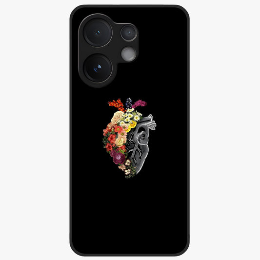 Heart With Flowers Glass Case showing flat back view with heart shaped floral artwork and glossy glass finish.