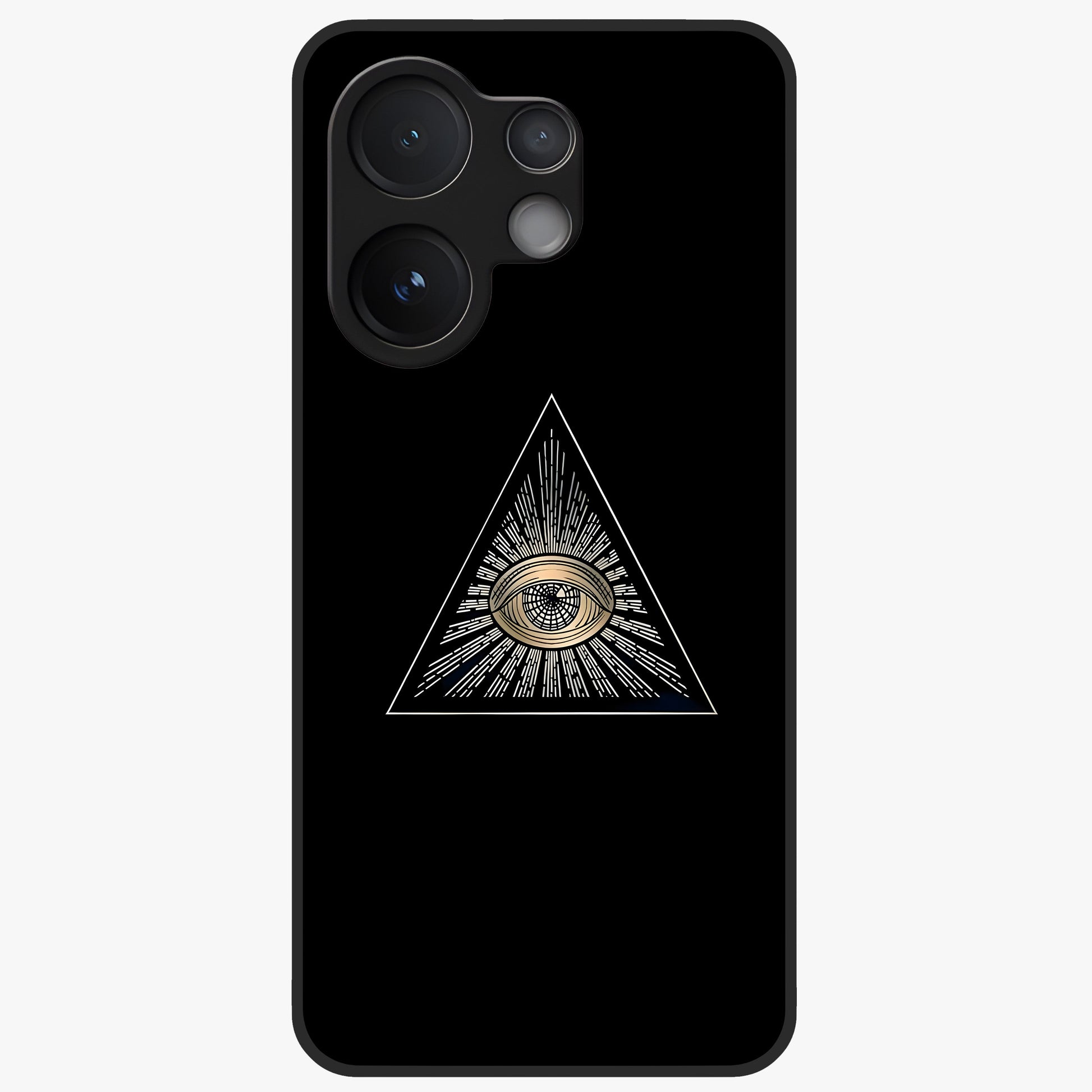 Illuminati Evil Glass Case showing flat back view with mysterious illuminati symbol artwork and glossy glass finish.