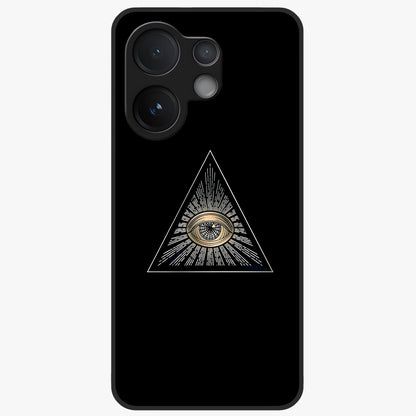 Illuminati Evil Glass Case showing flat back view with mysterious illuminati symbol artwork and glossy glass finish.