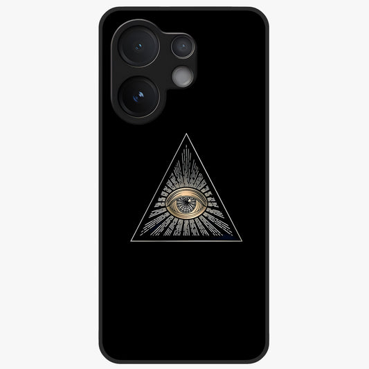 Illuminati Evil Glass Case showing flat back view with mysterious illuminati symbol artwork and glossy glass finish.