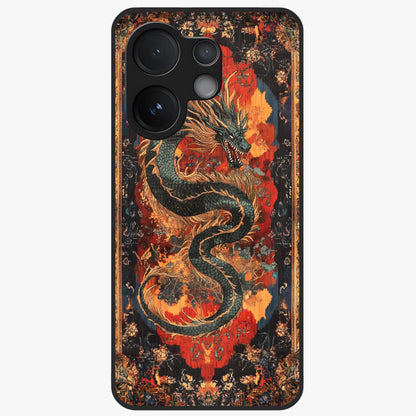 Inferno Dragon Soul Glass Case showing flat back view with fiery dragon artwork and glossy glass finish.