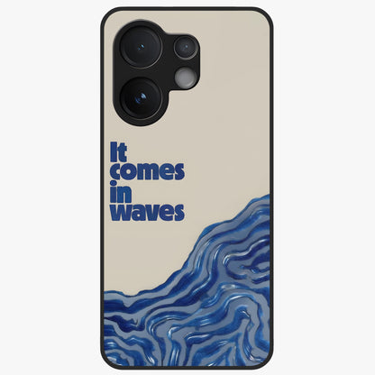 It Comes In Waves Quote Glass Case showing flat back view with inspirational wave themed quote artwork and glossy glass finish.