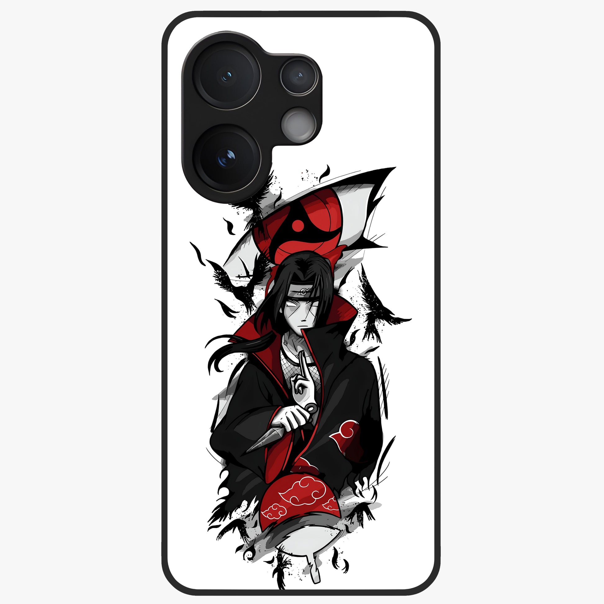Itachi Sharingan Glass Case showing flat back view with powerful anime eye artwork and glossy glass finish.