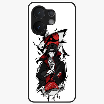 Itachi Sharingan Glass Case showing flat back view with powerful anime eye artwork and glossy glass finish.