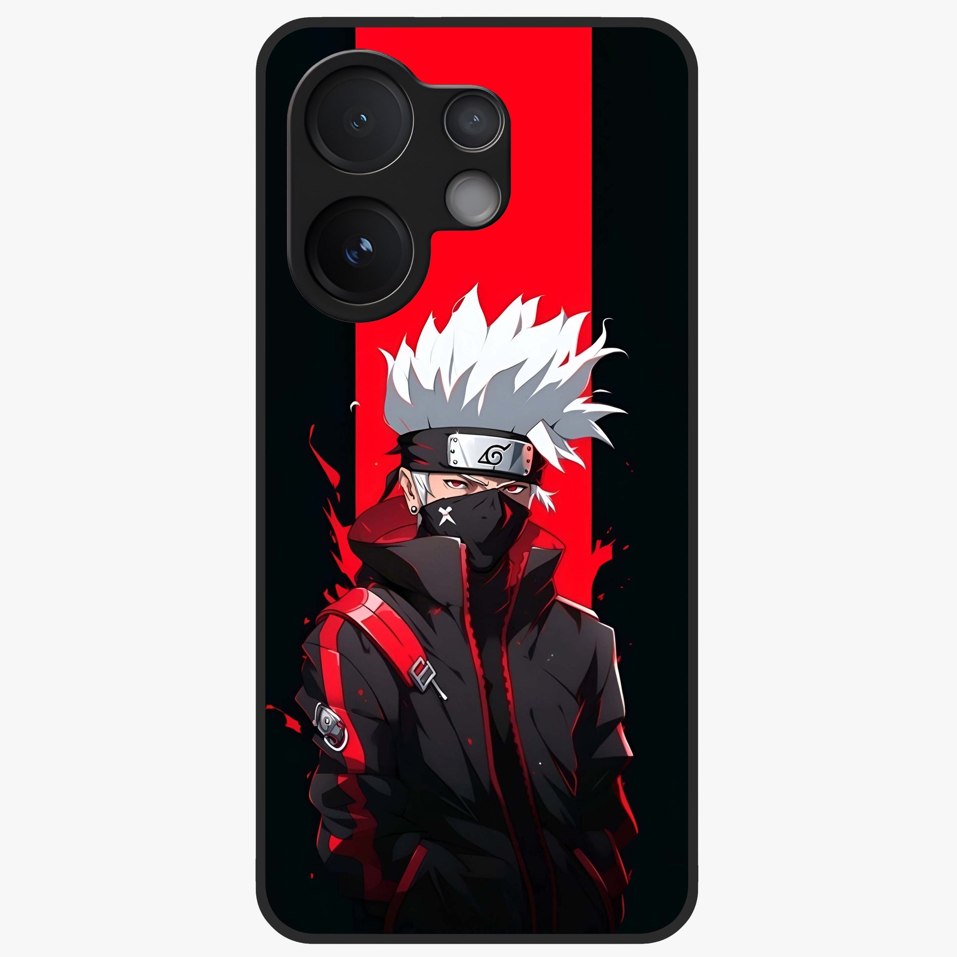 Kakashi Scarlet Shadow Glass Case showing flat back view with powerful anime ninja artwork and glossy glass finish.