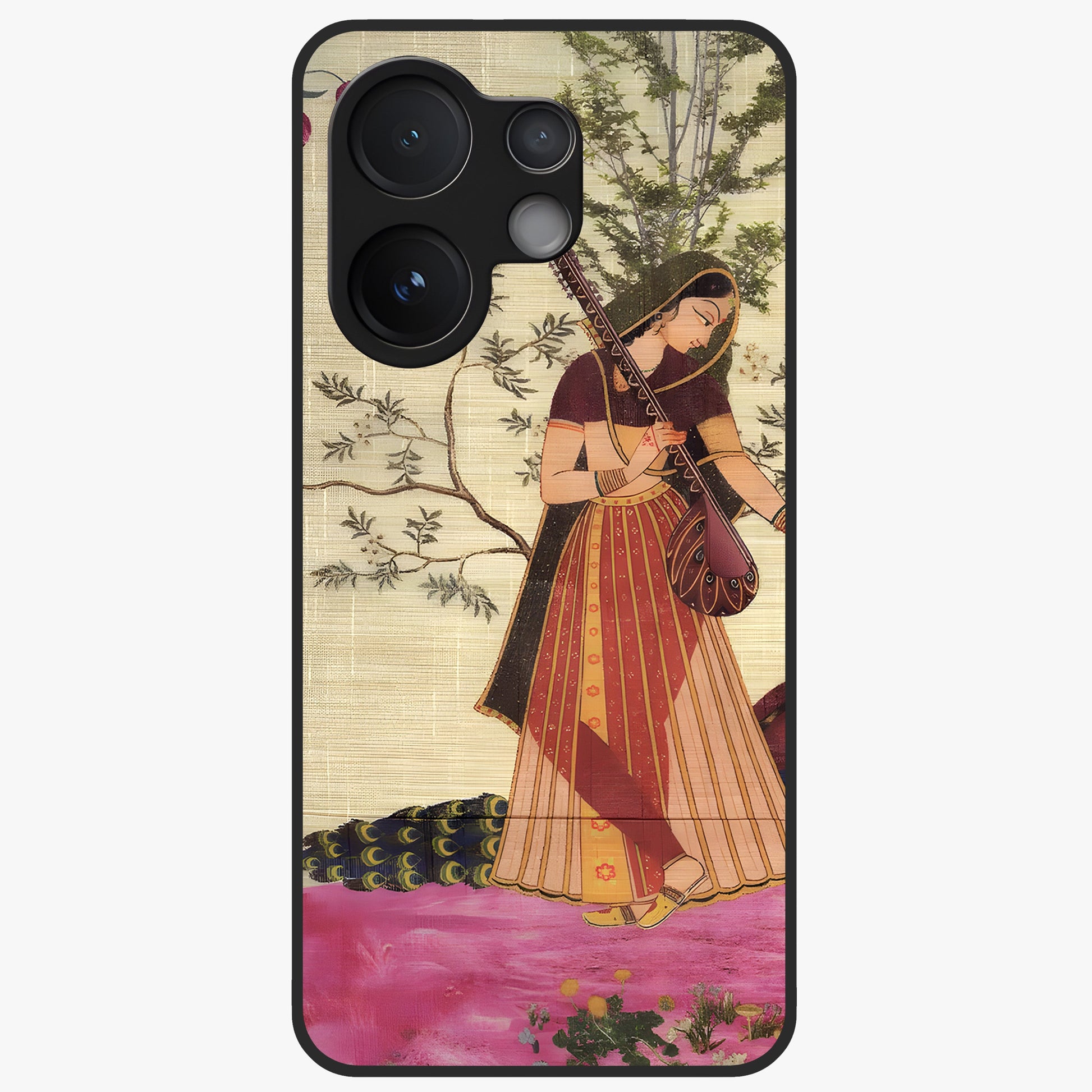 Lady With Veena Art Glass Case showing flat back view with elegant woman playing veena artwork and glossy glass finish.