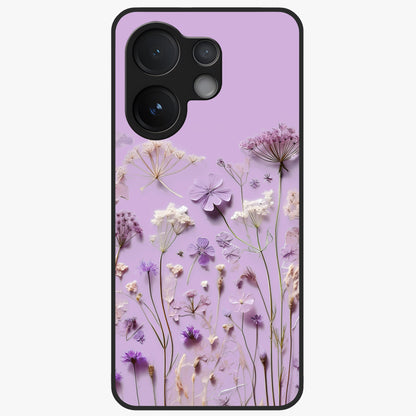 Lavender Blossom Dream Glass Case showing flat back view with soft lavender floral artwork and glossy glass finish.