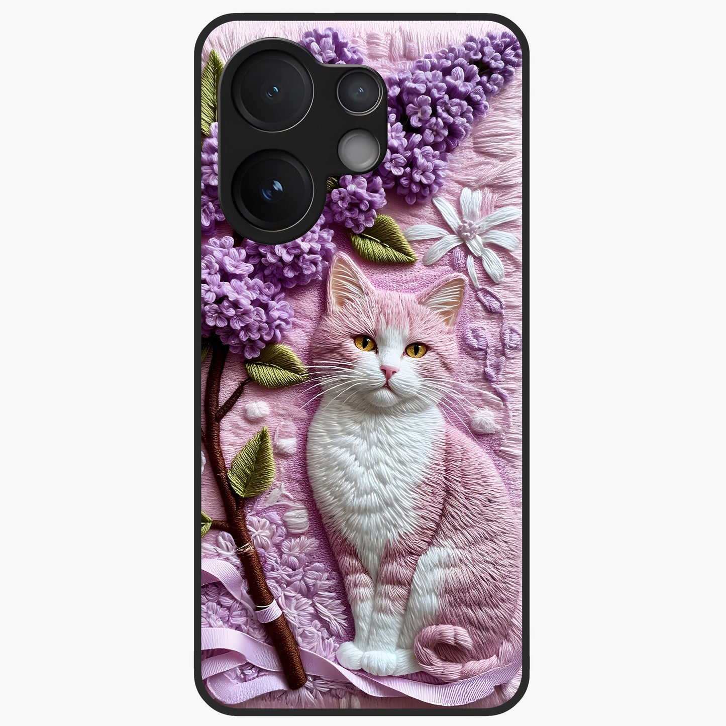 Lavender Cat Whimsy Glass Case showing flat back view with cute lavender cat artwork and glossy glass finish.