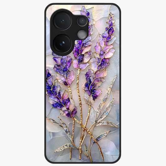 Lavender Dream Glow Glass Case showing flat back view with glowing lavender aesthetic artwork and glossy glass finish.
