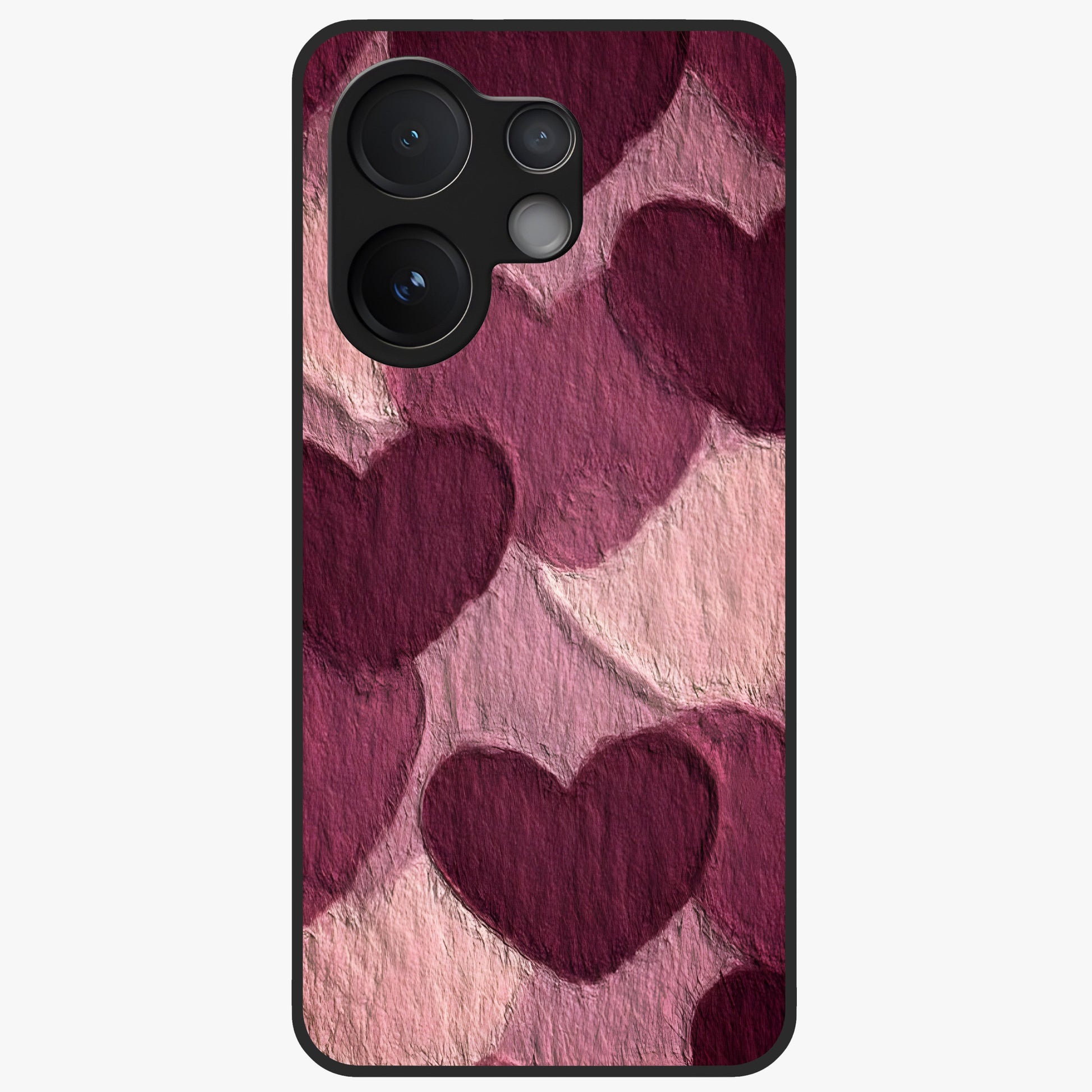 Layered Paper Hearts Glass Case showing flat back view with layered paper heart artwork and glossy glass finish.