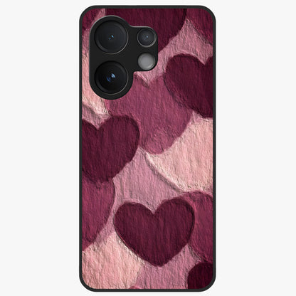 Layered Paper Hearts Glass Case showing flat back view with layered paper heart artwork and glossy glass finish.