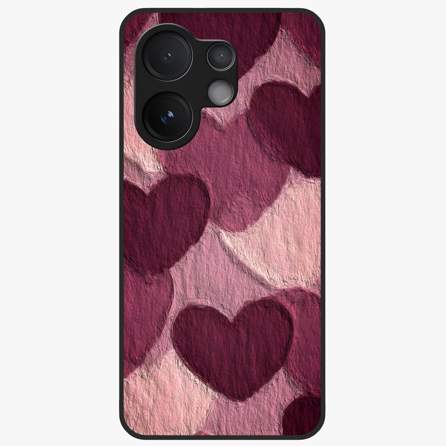 Layered Paper Hearts Glass Case showing flat back view with layered paper heart artwork and glossy glass finish.