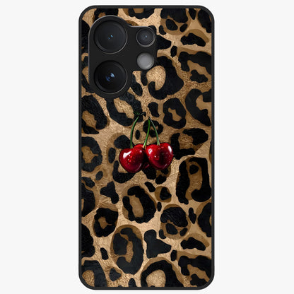 Leopard Wild Cherry Glass Case showing flat back view with leopard pattern and cherry artwork and glossy glass finish.