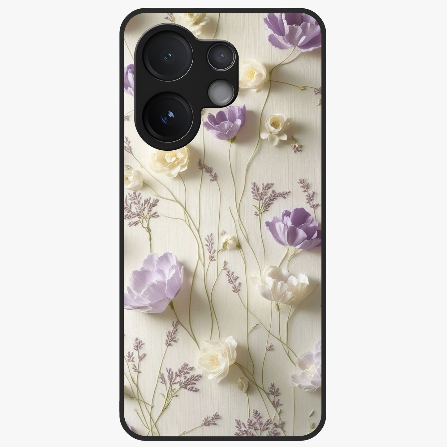 Lilac Breeze Harmony Glass Case showing flat back view with soft lilac themed artwork and glossy glass finish.
