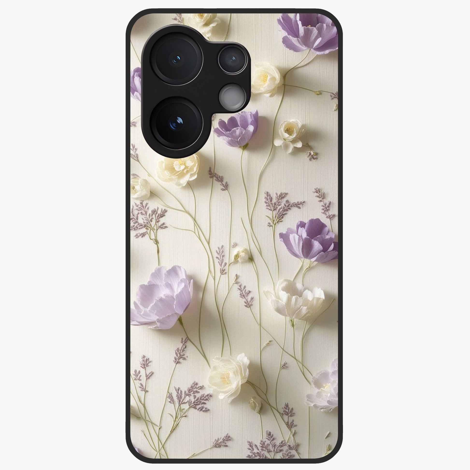 Lilac Breeze Harmony Glass Case showing flat back view with soft lilac themed artwork and glossy glass finish.