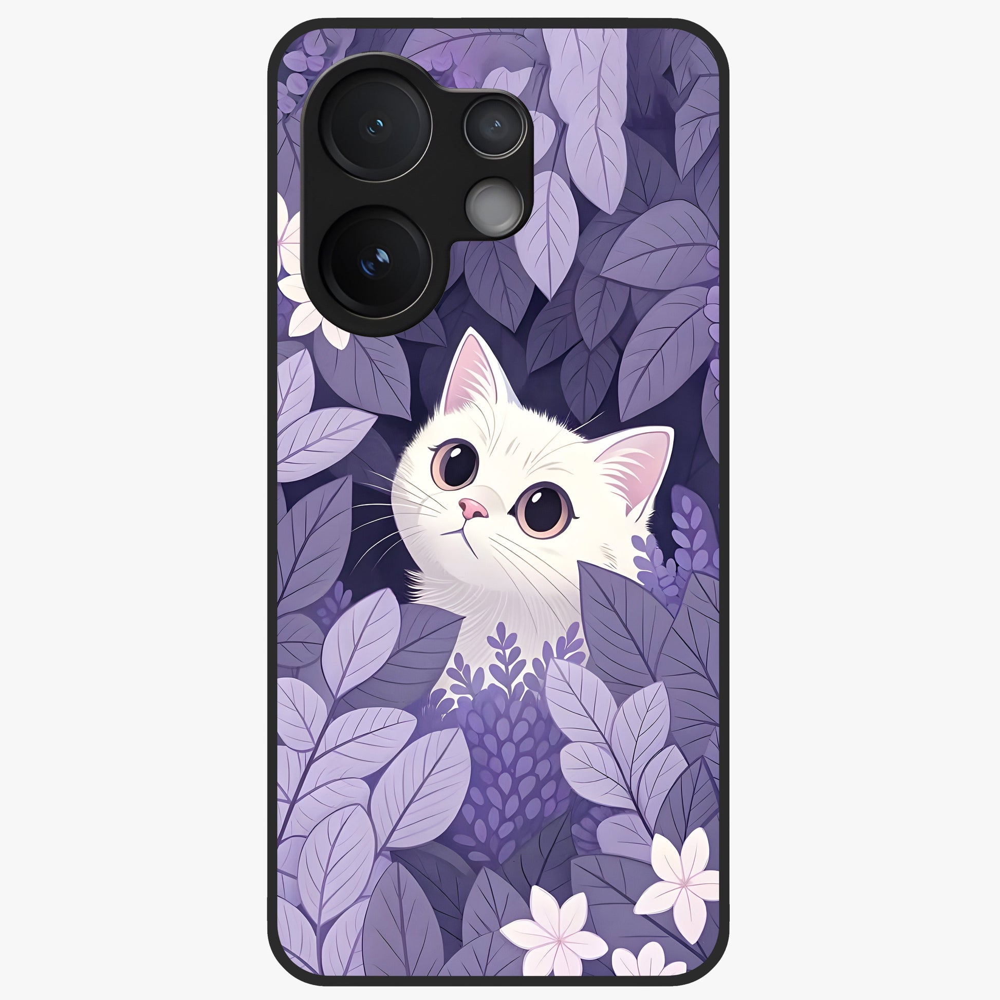 Lilac Hide Peek Cat Glass Case showing flat back view with cute peeking cat artwork and glossy glass finish.
