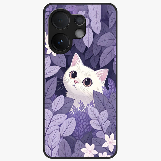Lilac Hide Peek Cat Glass Case showing flat back view with cute peeking cat artwork and glossy glass finish.