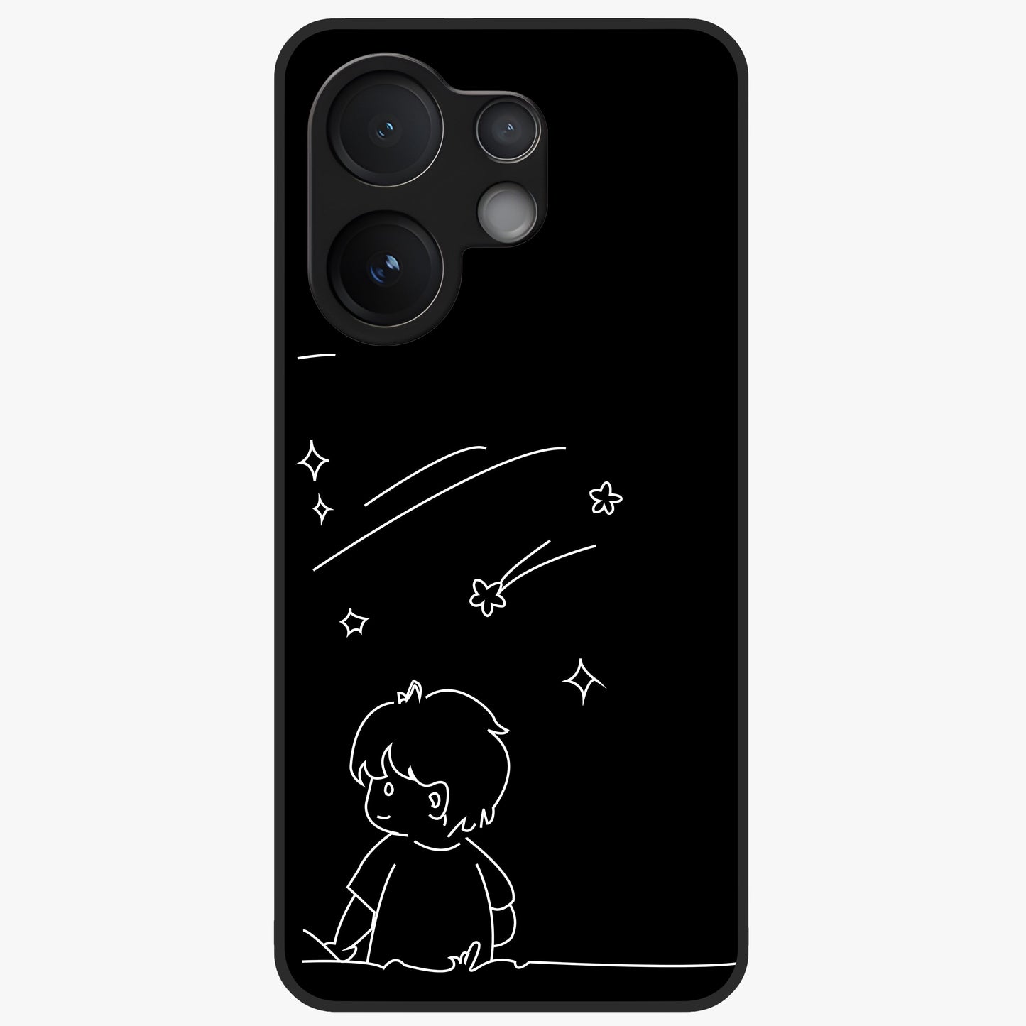 Line Art Boy With Shooting Stars Glass Case showing flat back view with minimal line art boy and shooting stars illustration and glossy glass finish.
