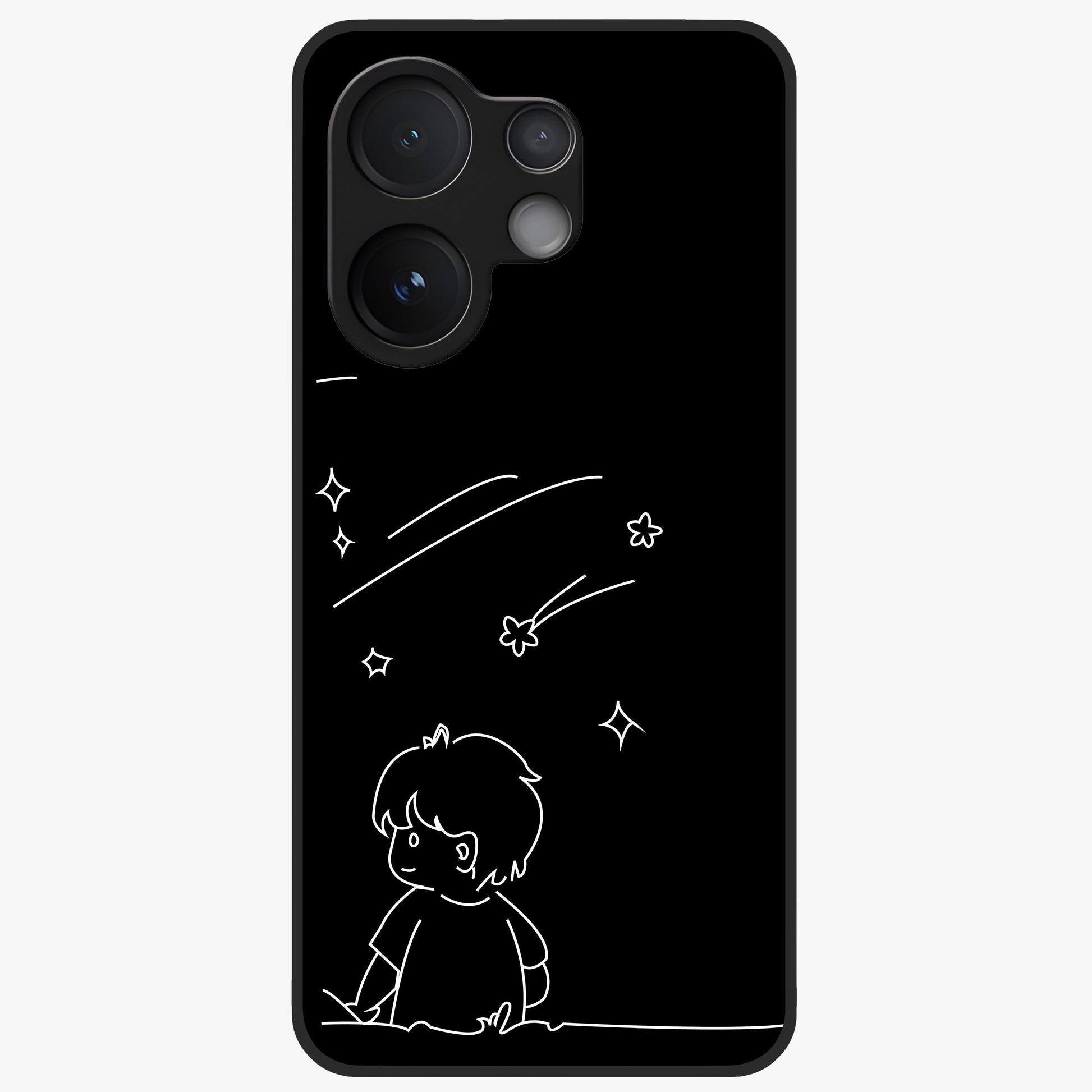 Line Art Boy With Shooting Stars Glass Case showing flat back view with minimal line art boy and shooting stars illustration and glossy glass finish.
