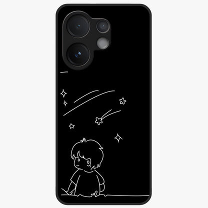 Line Art Boy With Shooting Stars Glass Case showing flat back view with minimal line art boy and shooting stars illustration and glossy glass finish.