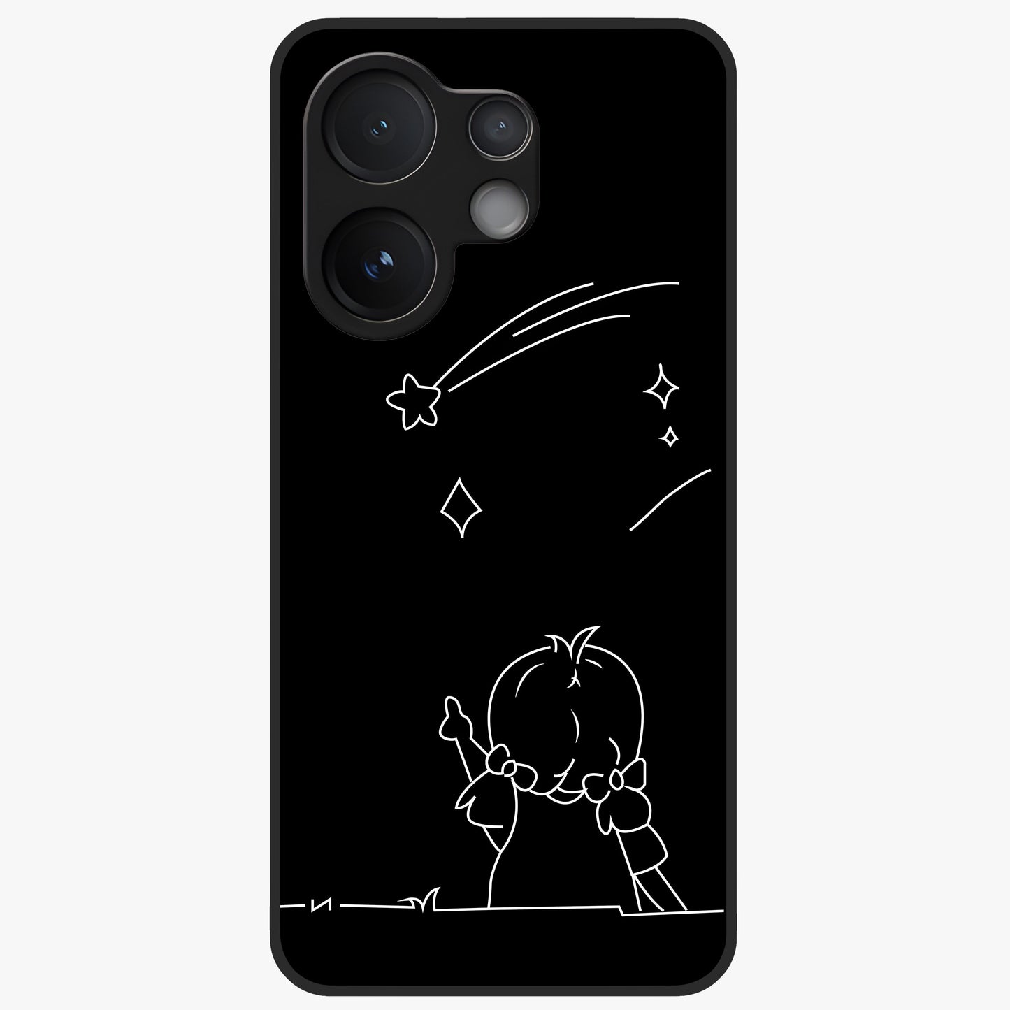 Line Art Girl With Shooting Stars Glass Case showing flat back view with minimal line art girl and shooting stars illustration and glossy glass finish.