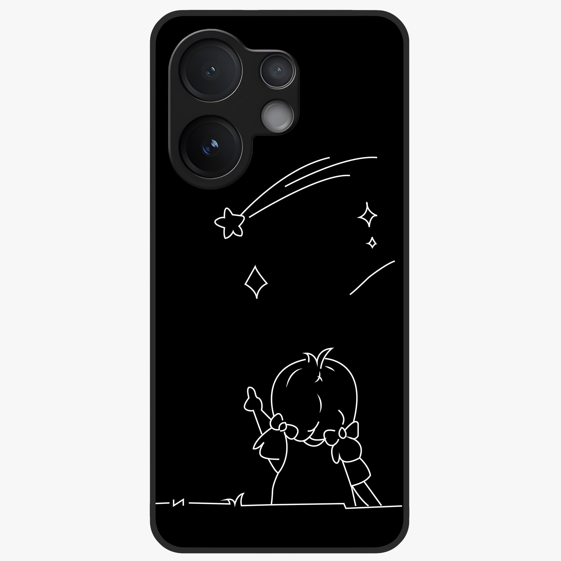 Line Art Girl With Shooting Stars Glass Case showing flat back view with minimal line art girl and shooting stars illustration and glossy glass finish.