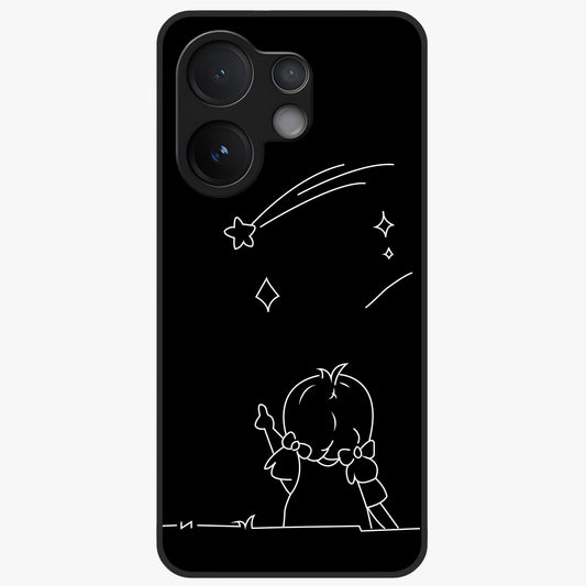Line Art Girl With Shooting Stars Glass Case showing flat back view with minimal line art girl and shooting stars illustration and glossy glass finish.