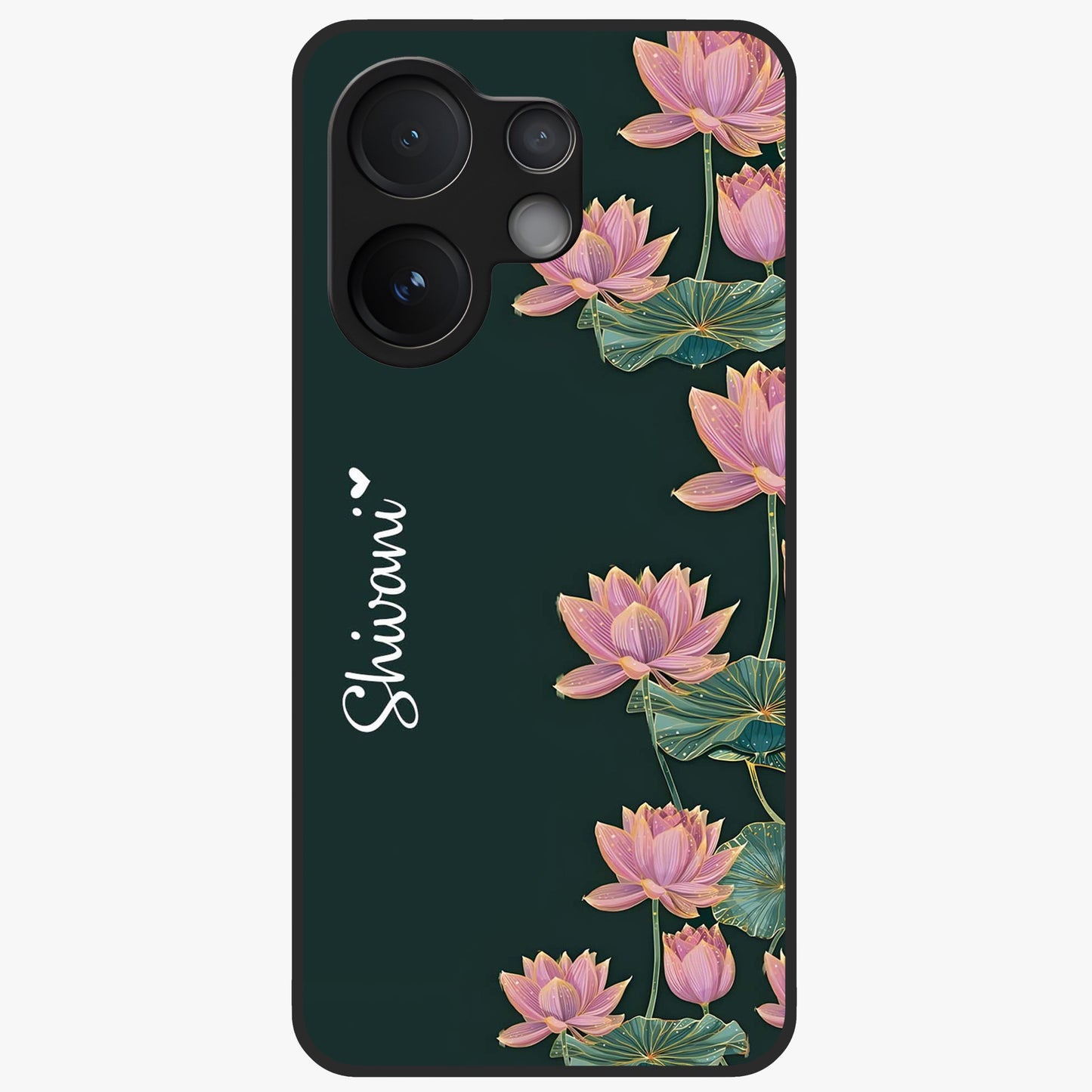 Lotus Bloom Serenity Custom Name Glass Case showing flat back view with elegant lotus flower artwork and personalized name design.