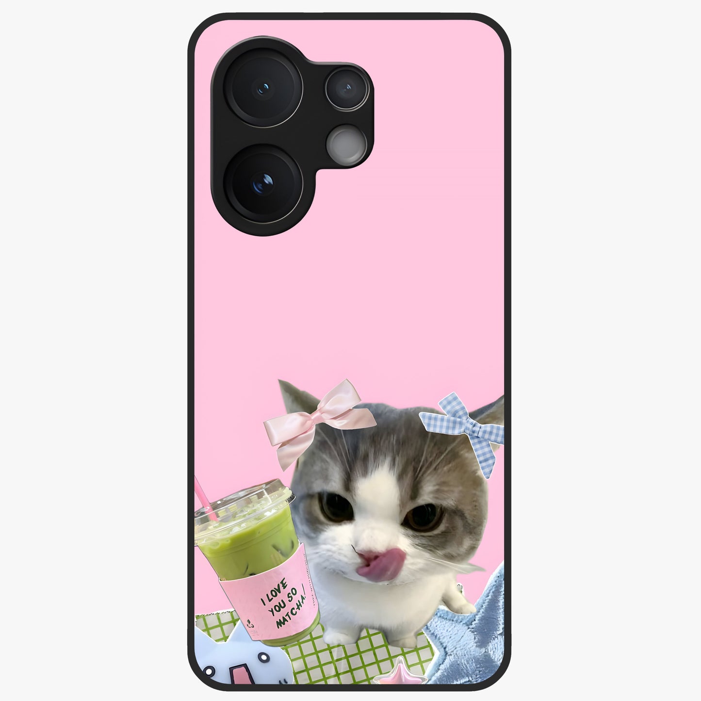 Love Matcha Cat Glass Case showing flat back view with cute cat and matcha themed artwork and glossy glass finish.