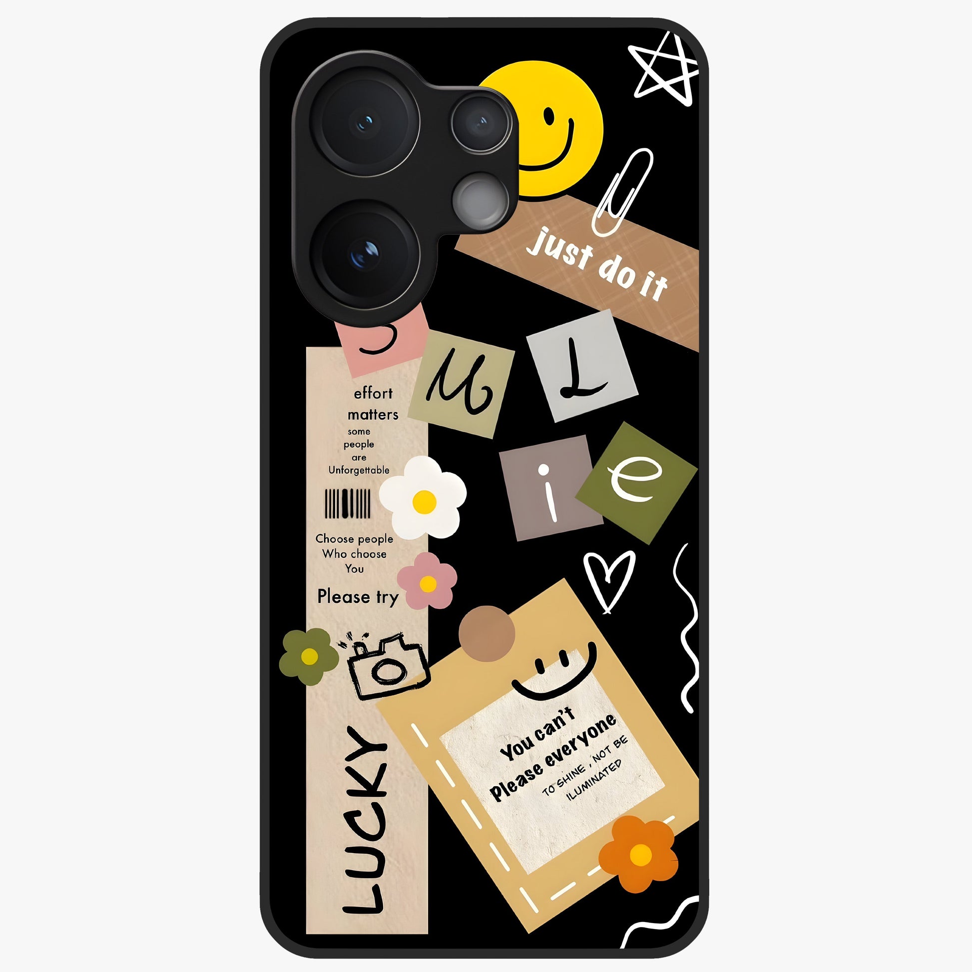 Lucky Aesthetic Collage Glass Case showing flat back view with trendy aesthetic collage artwork and glossy glass finish.