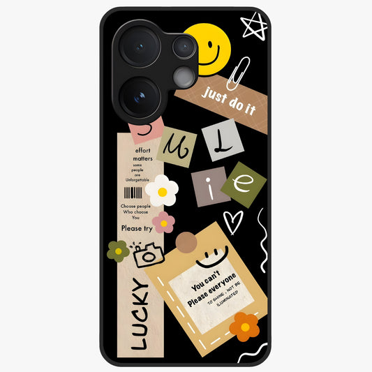 Lucky Aesthetic Collage Glass Case showing flat back view with trendy aesthetic collage artwork and glossy glass finish.