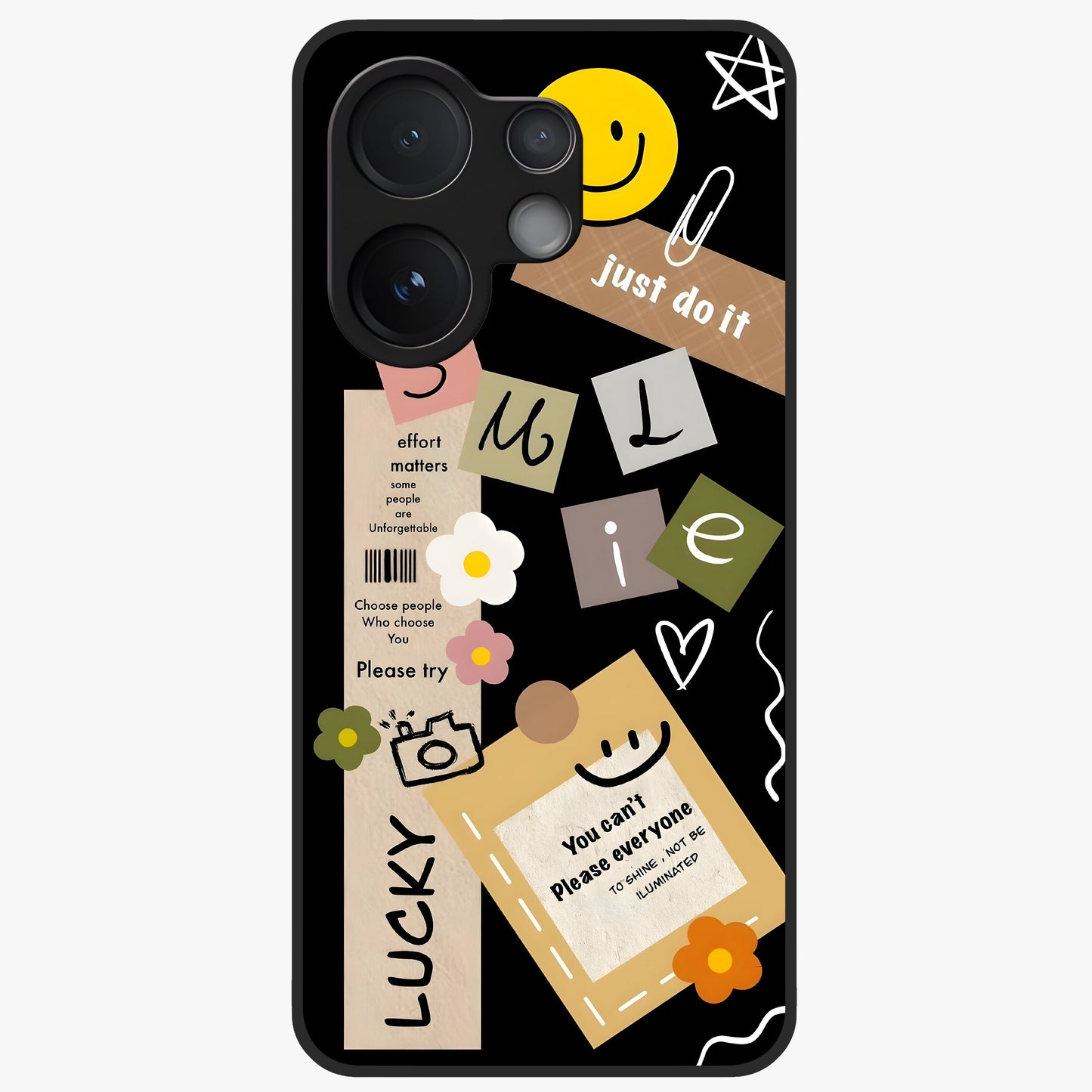 Lucky Aesthetic Collage Glass Case showing flat back view with trendy aesthetic collage artwork and glossy glass finish.