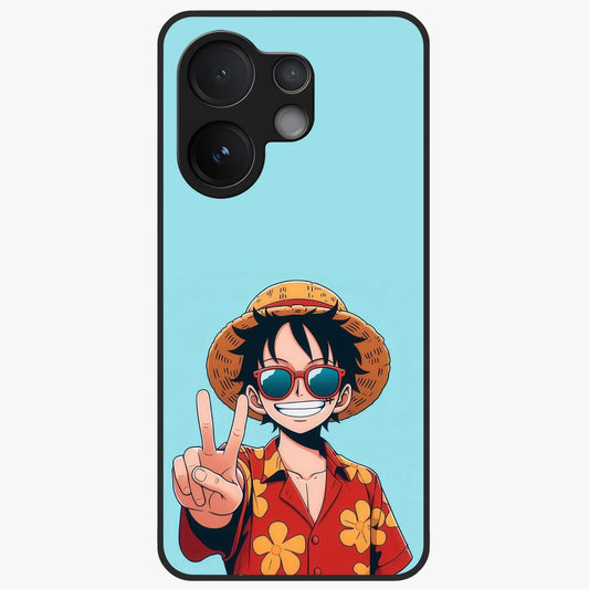 Luffy Summer Anime Vibe Glass Case showing flat back view with vibrant anime character artwork and glossy glass finish.