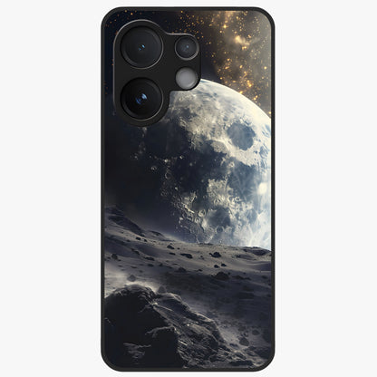 Lunar Horizon Glow Glass Case showing flat back view with glowing moon horizon artwork and glossy glass finish.