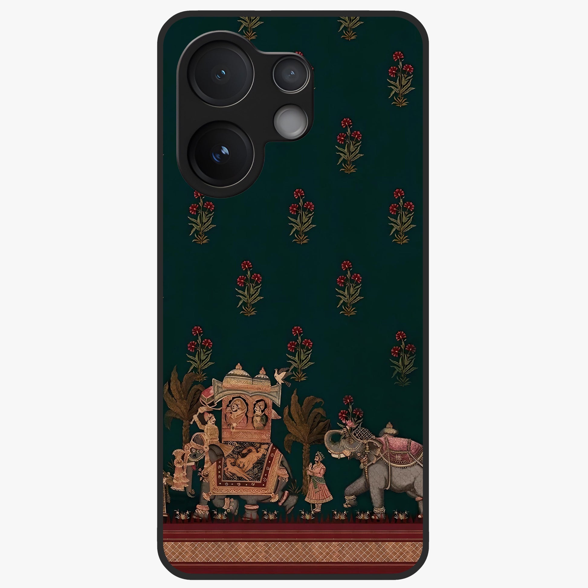 Macmerise Glass Case showing flat back view with stylish modern artwork and glossy glass finish.