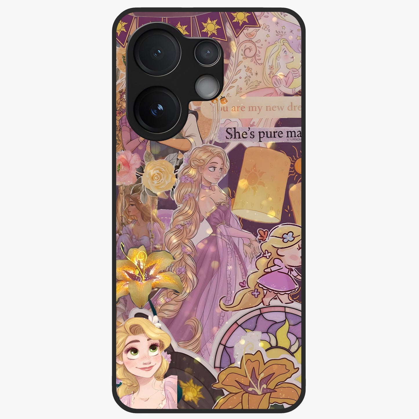 Magical Tangled Dream Glass Case showing flat back view with dreamy tangled artwork and glossy glass finish.