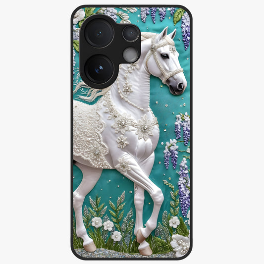 Majestic Floral Stallion Glass Case showing flat back view with powerful horse and floral artwork and glossy glass finish.
