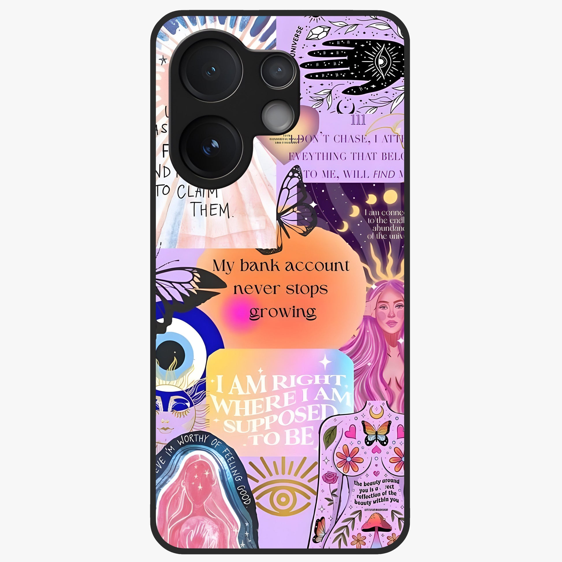 Manifestation Collage Glass Case showing flat back view with motivational collage artwork and glossy glass finish.