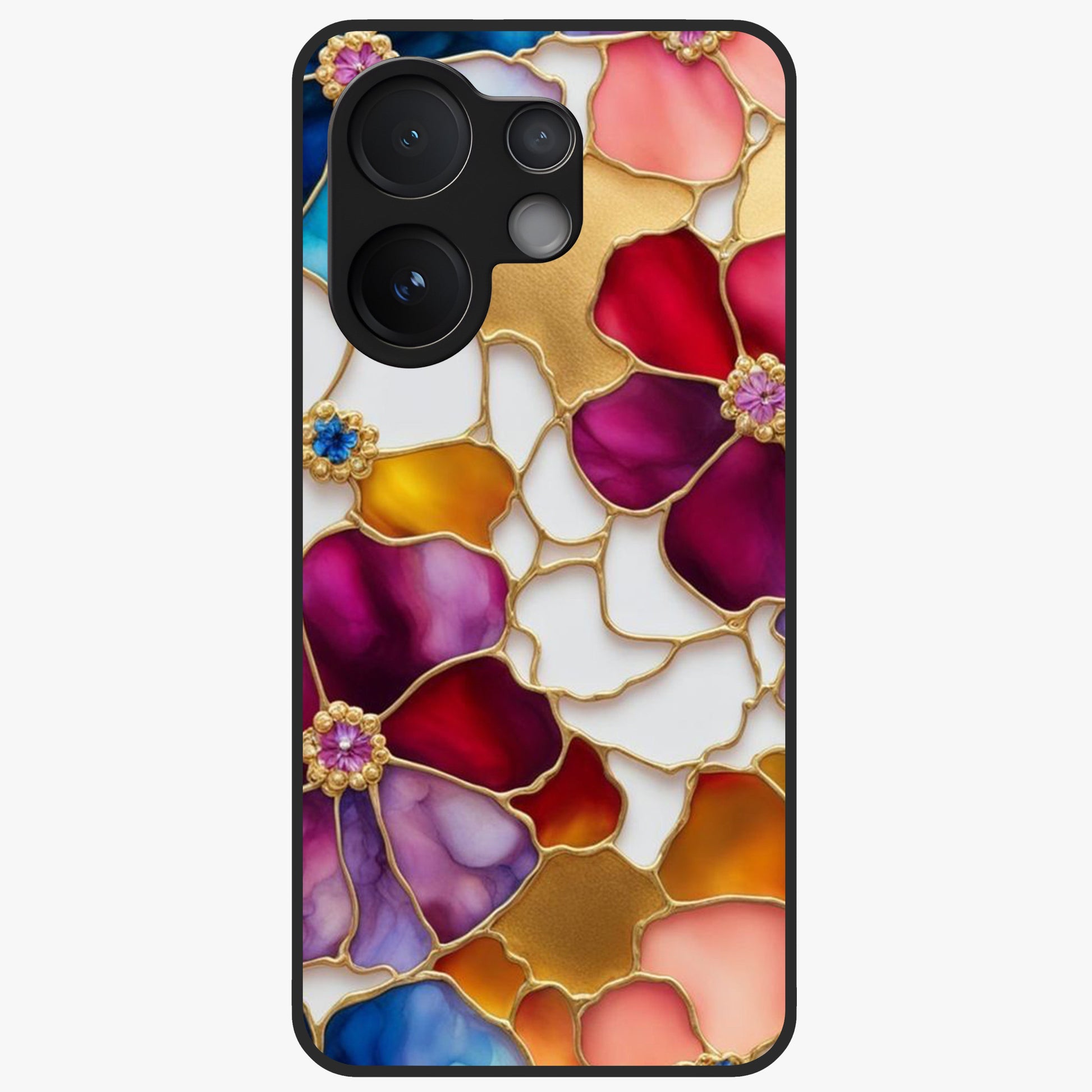 Marble Flower Pattern Glass Case showing flat back view with marble texture floral artwork and glossy glass finish.
